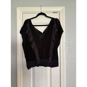 Free People V-Neck Top Womens Medium Fantasy Fringe Sleeveless‎ Black Boho FLAW